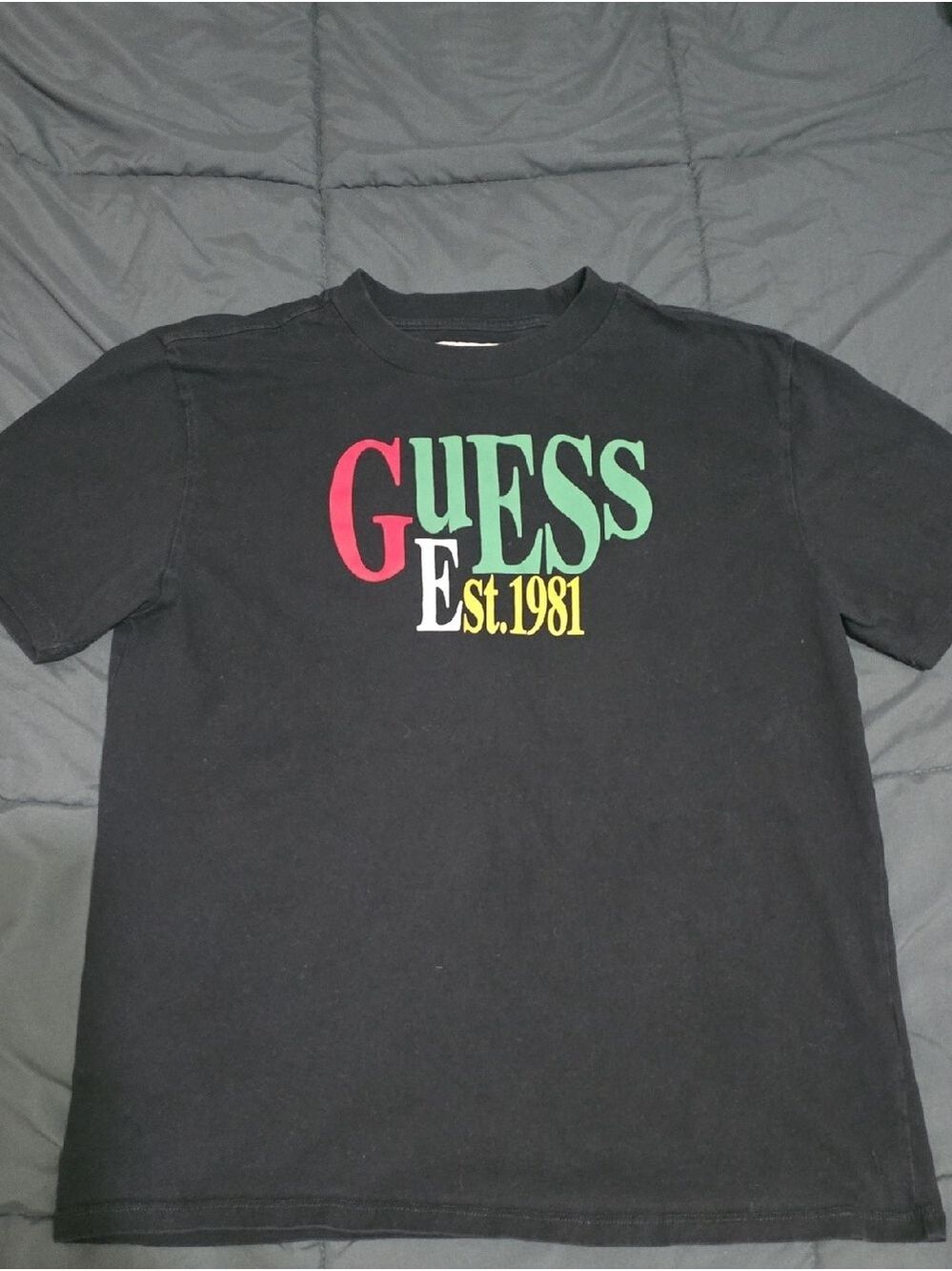 GUESS Mens Black Est 1981 Multicolor Logo Graphic T-Shirt Medium